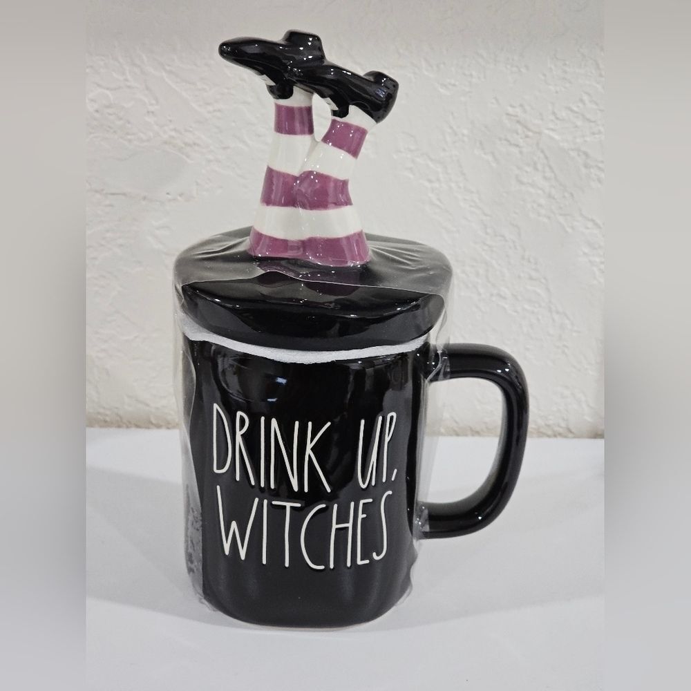Witch Mug Rae Dunn Mug Black Ceramic DRINK UP WITCHES with Witch legs Topper lid